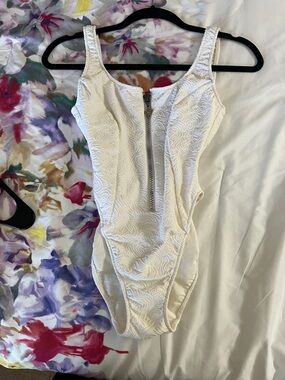 Womens White embroidered vintage One-Piece Swimsuit with Front Zip small new